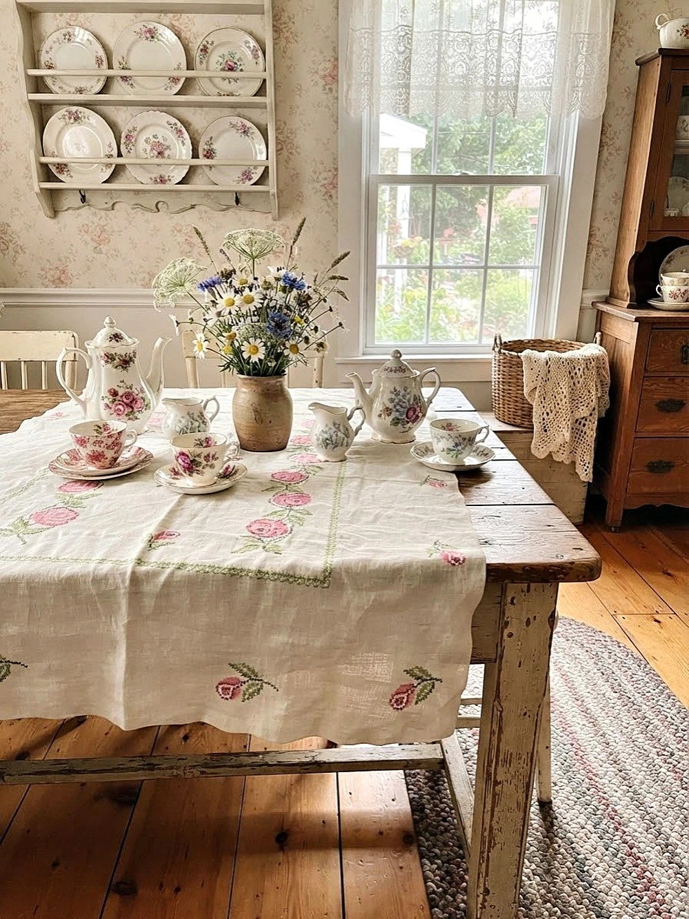 Embroidered Rose Tablecloth in White & Pink